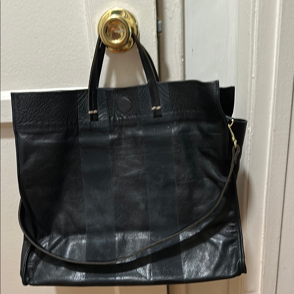 Clare V Black Leather Tote Bag with Racing Stripes